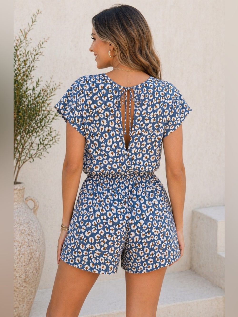 NWT Blue Leopard Romper Large Boho Beach Cinched Waist Open Back With Tie